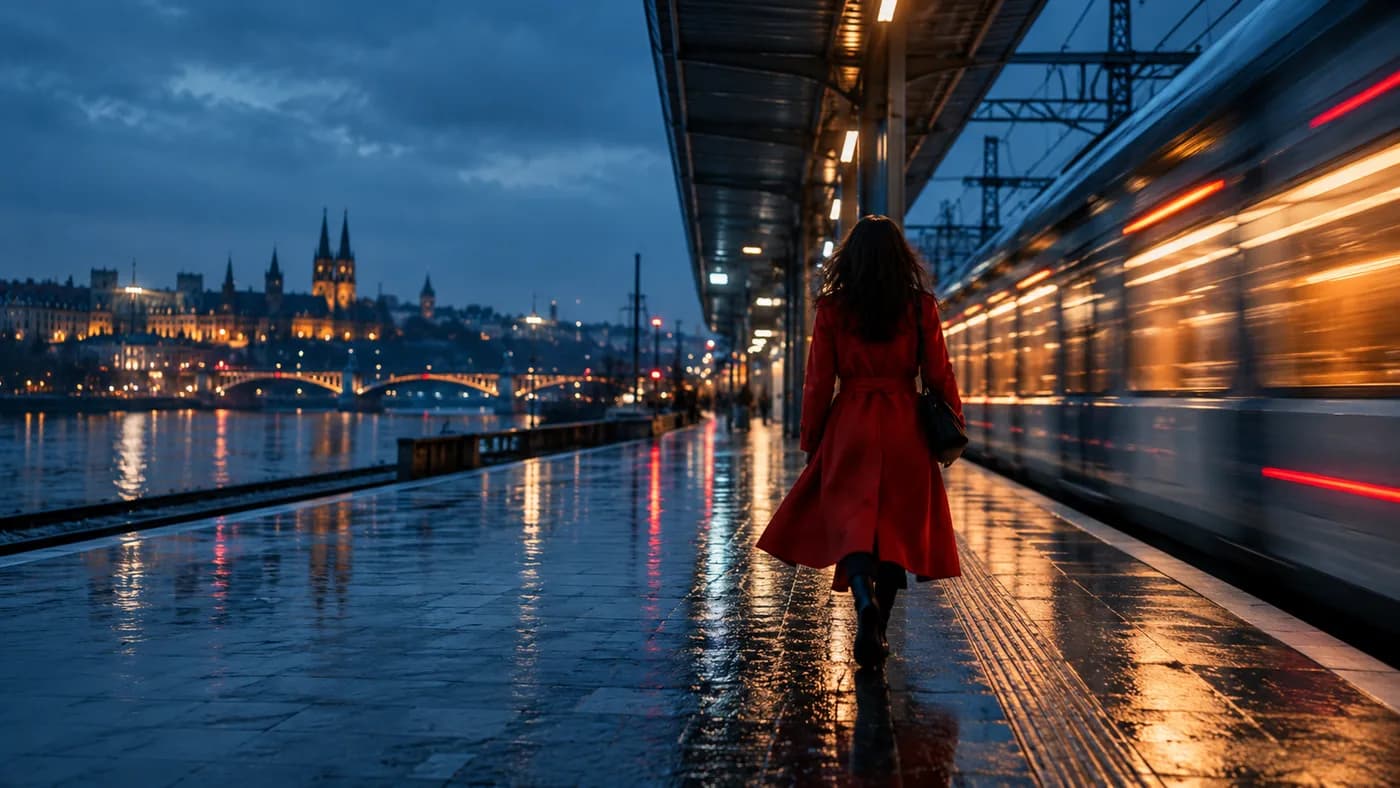 Cinematic scene of a train crossing a rainy platform