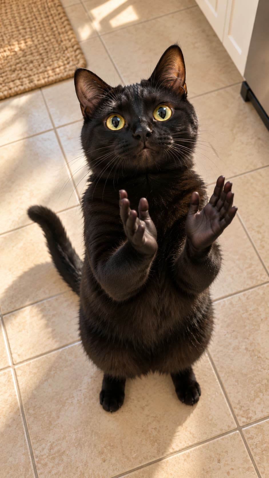 Original black cat on a warm tiled floor looking up at the owner phone camera with two small human-like hands ready to clap