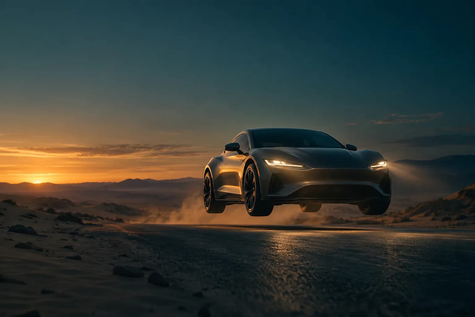Original AI-generated editorial image of an unbranded concept car hovering above a desert road at dusk