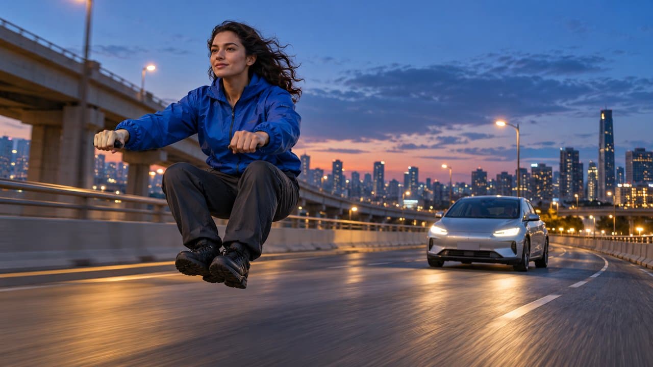Original invisible-moped rider above an empty city road with a silver car behind her