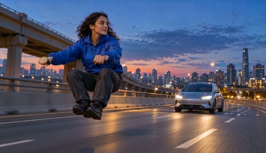 The rider glances back while the unbranded silver car remains behind her.