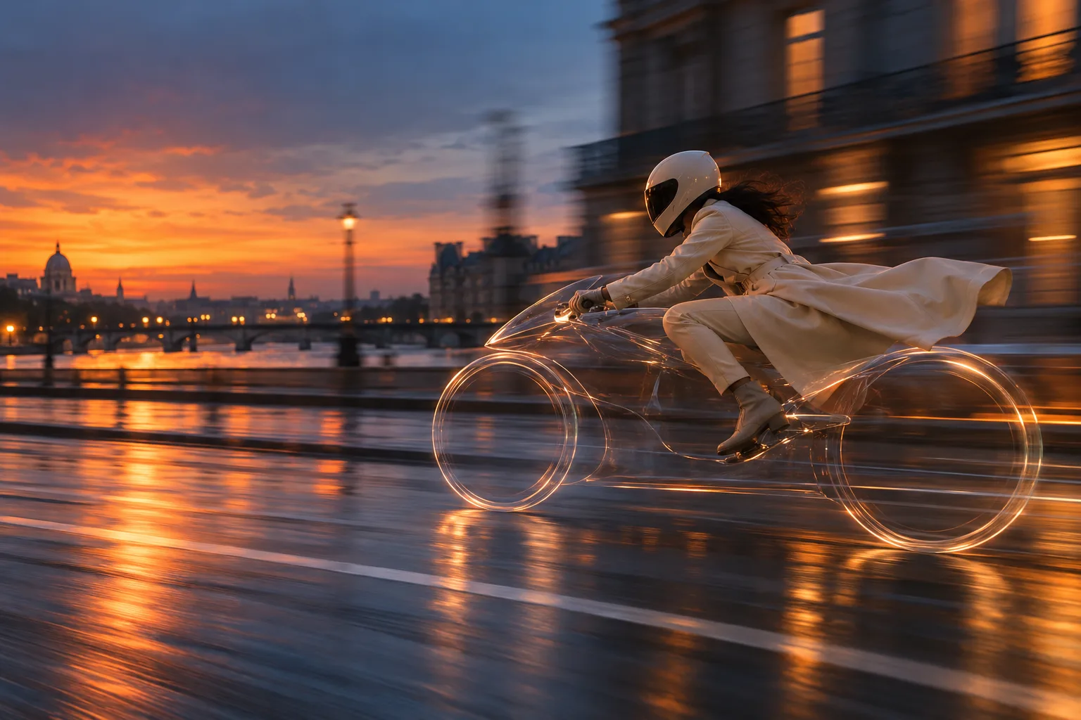 Original AI-generated editorial image of a rider on a translucent motorcycle at dusk