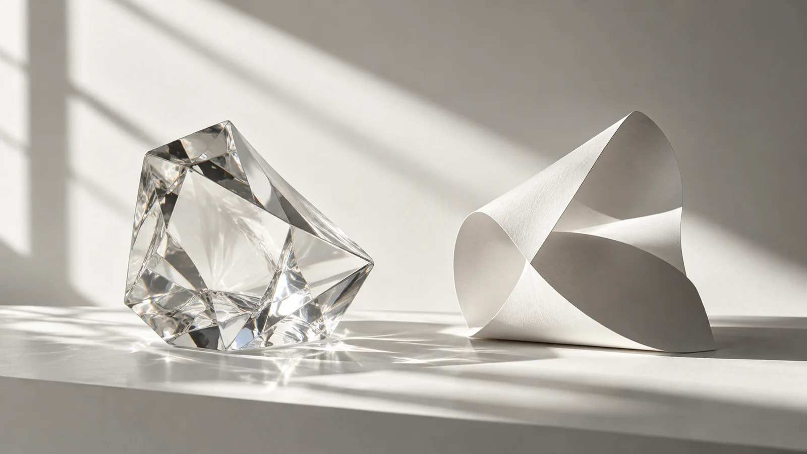 Original monochrome editorial still life contrasting a faceted glass form with folded paper