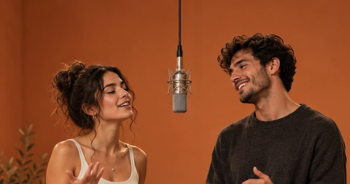 Original orange recording-room scene with two fictional performers